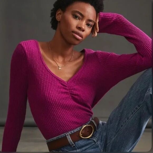 Anthropologie T.la Cinched V-Neck Ribbed Top Pink Rose Size Medium NWT - Picture 2 of 8